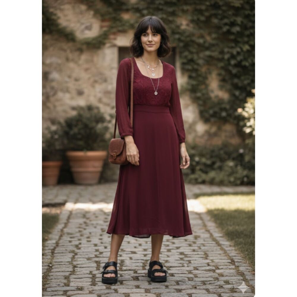 Nostalgia Burgundy Crimson Sheer‎ Sleeve Empire Waist 90s Dress Size Small